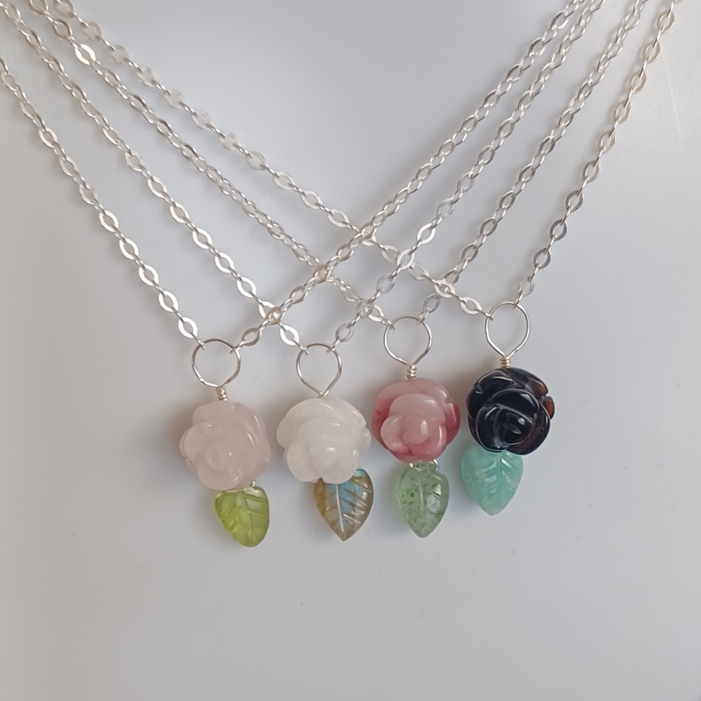 Carved Crystal Rose & 925 SS Necklace